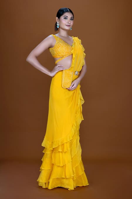 Buy Neeta Lulla Gold Organza, Tulle, Arline Ruffle Pre-stitched Saree With Embroidered Blouse Online at Aza Fashions Buy_Neeta Lulla_Gold Organza, Tulle, Arline Ruffle Pre-stitched Saree With Embroidered Blouse_Online_at_Aza_Fashions