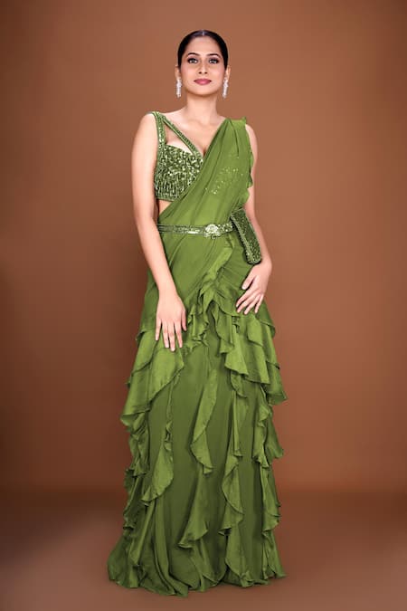 Neeta Lulla Green Georgette Embroidery Zuri Ruffle Pre-stitched Saree With Work Blouse 