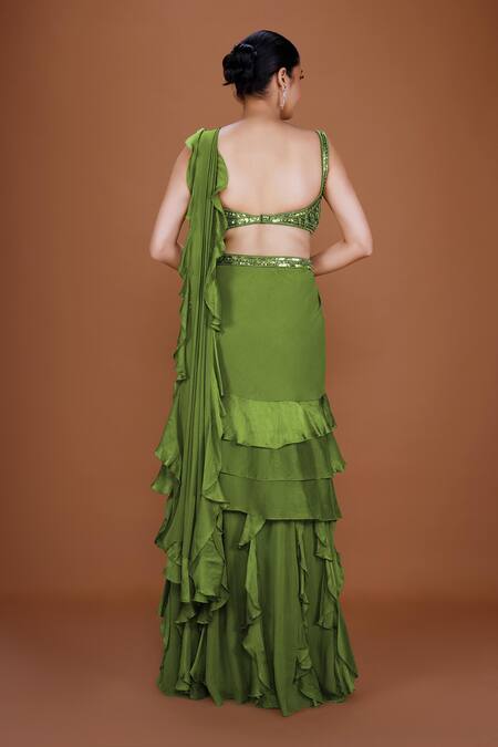 Shop Neeta Lulla Green Organza, Georgette Sequins, Zuri Ruffle Pre-stitched Saree With Blouse at Aza Fashions Shop_Neeta Lulla_Green Organza, Georgette Sequins, Zuri Ruffle Pre-stitched Saree With Blouse_at_Aza_Fashions