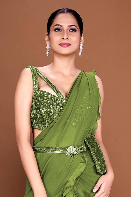 Neeta Lulla Green Organza, Georgette Sequins, Zuri Ruffle Pre-stitched Saree With Blouse Online at Aza Fashions Neeta Lulla_Green Organza, Georgette Sequins, Zuri Ruffle Pre-stitched Saree With Blouse_Online_at_Aza_Fashions