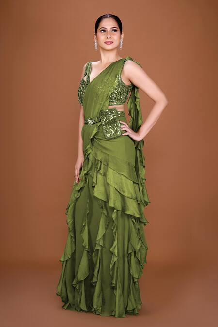 Buy Neeta Lulla Green Organza, Georgette Sequins, Zuri Ruffle Pre-stitched Saree With Blouse Online at Aza Fashions Buy_Neeta Lulla_Green Organza, Georgette Sequins, Zuri Ruffle Pre-stitched Saree With Blouse_Online_at_Aza_Fashions