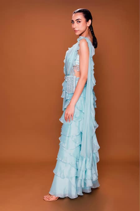 Buy_Neeta Lulla_Blue Organza, Tulle Sequins, Petals Pre-stitched Saree With Embroidered Blouse_Online_at_Aza_Fashions