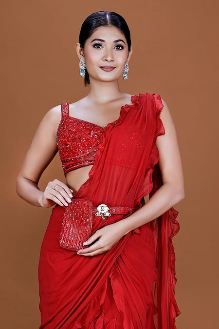 Neeta Lulla_Red Organza, Tulle, Georgette Sequins, Ariella Ruffle Concept Saree With Blouse_Online_at_Aza_Fashions