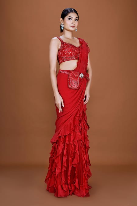 Buy_Neeta Lulla_Red Organza, Tulle, Georgette Sequins, Ariella Ruffle Concept Saree With Blouse_Online_at_Aza_Fashions