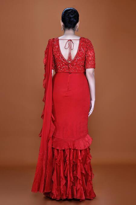 Shop Neeta Lulla Red Georgette, Organza, Amara Pre-stitched Ruffle Saree With Bead Work Blouse at Aza Fashions Shop_Neeta Lulla_Red Georgette, Organza, Amara Pre-stitched Ruffle Saree With Bead Work Blouse_at_Aza_Fashions