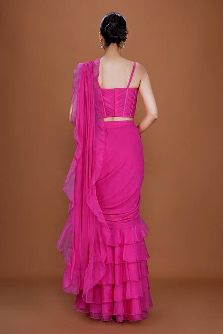 Shop Neeta Lulla Pink Organza, Georgette Sweetheart Maeve Ruffle Pre-stitched Saree With Bustier at Aza Fashions Shop_Neeta Lulla_Pink Organza, Georgette Sweetheart Maeve Ruffle Pre-stitched Saree With Bustier_at_Aza_Fashions