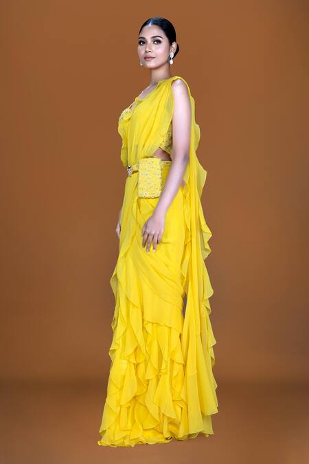 Neeta Lulla_Yellow Georgette, Tulle Sequins, Abella Ruffle Pre-stitched Saree With Blouse_Online_at_Aza_Fashions