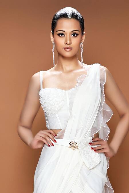 Neeta Lulla_White Organza, Georgette Dandelion Pre-stitched Ruffle Saree With Blouse_Online_at_Aza_Fashions