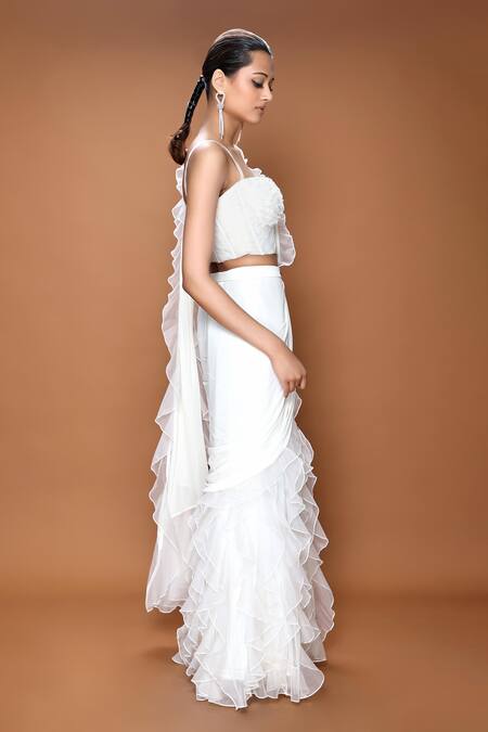 Buy_Neeta Lulla_White Organza, Georgette Dandelion Pre-stitched Ruffle Saree With Blouse_Online_at_Aza_Fashions