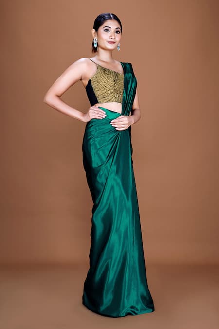 Buy Neeta Lulla Emerald Green Satin Pearls, Alina Pre-stitched Saree With Embroidered Blouse Online at Aza Fashions Buy_Neeta Lulla_Emerald Green Satin Pearls, Alina Pre-stitched Saree With Embroidered Blouse _Online_at_Aza_Fashions