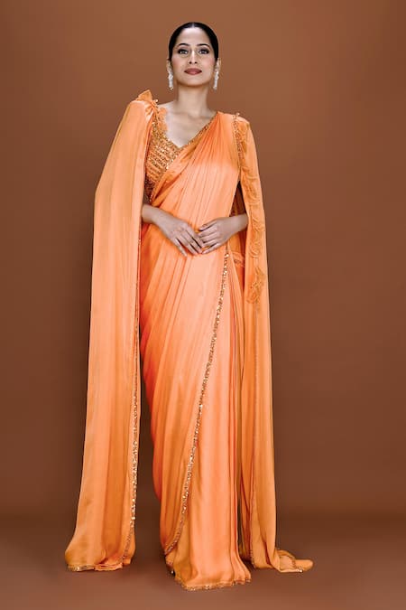 Neeta Lulla Orange Cotton Satin Embroidery Autumn Pre-stitched Ruffle Saree With Bustier 