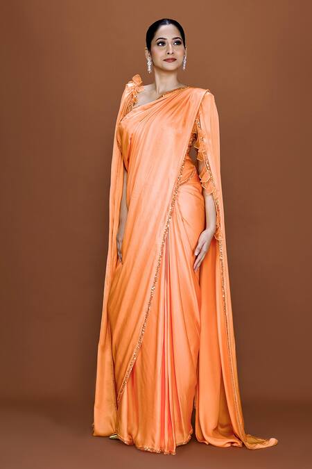 Neeta Lulla_Orange Cotton Satin Autumn Pre-stitched Ruffle Saree With Embroidered Bustier _Online_at_Aza_Fashions