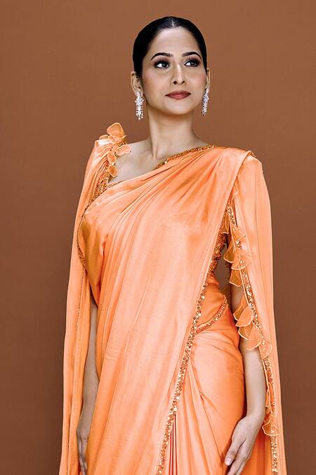 Buy_Neeta Lulla_Orange Cotton Satin Autumn Pre-stitched Ruffle Saree With Embroidered Bustier _Online_at_Aza_Fashions