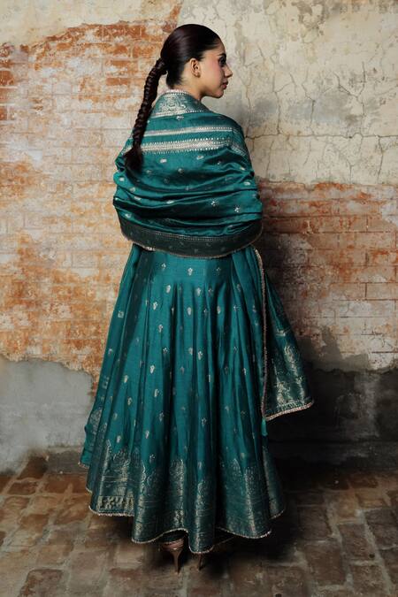 Shop Safaa Turquoise Silk Zari, Embroidery Scoop Neck Vegan Floral Woven Anarkali Set at Aza Fashions Shop_Safaa_Turquoise Silk Zari, Embroidery Scoop Neck Vegan Floral Woven Anarkali Set _at_Aza_Fashions