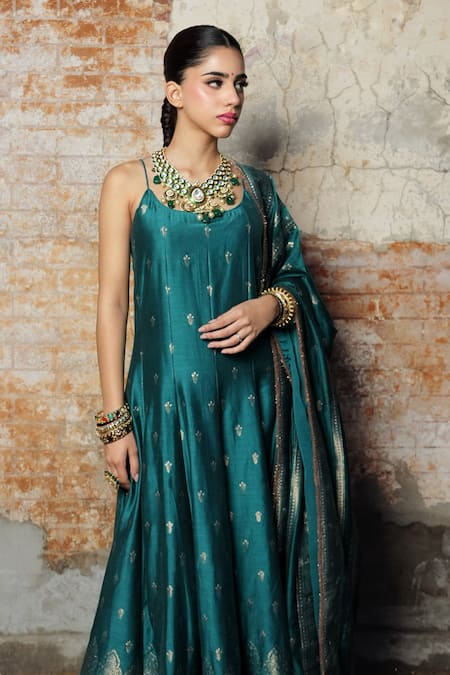 Safaa Turquoise Silk Zari, Embroidery Scoop Neck Vegan Floral Woven Anarkali Set Online at Aza Fashions Safaa_Turquoise Silk Zari, Embroidery Scoop Neck Vegan Floral Woven Anarkali Set _Online_at_Aza_Fashions