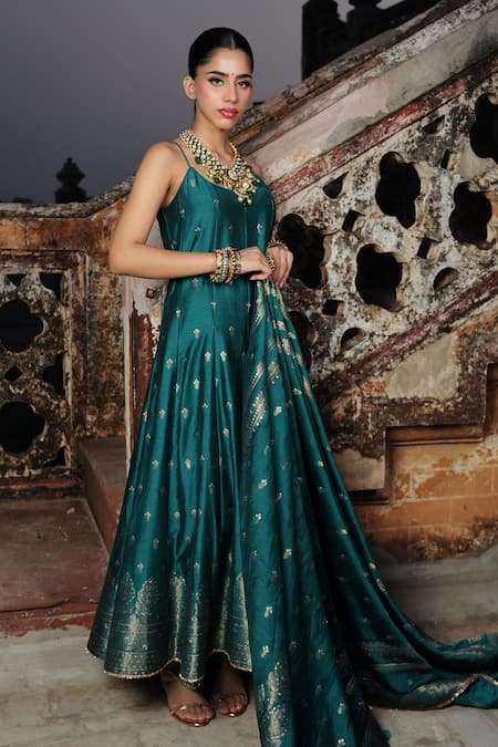 Shop Safaa Turquoise Silk Zari, Embroidery Scoop Neck Vegan Floral Woven Anarkali Set Online at Aza Fashions Shop_Safaa_Turquoise Silk Zari, Embroidery Scoop Neck Vegan Floral Woven Anarkali Set _Online_at_Aza_Fashions