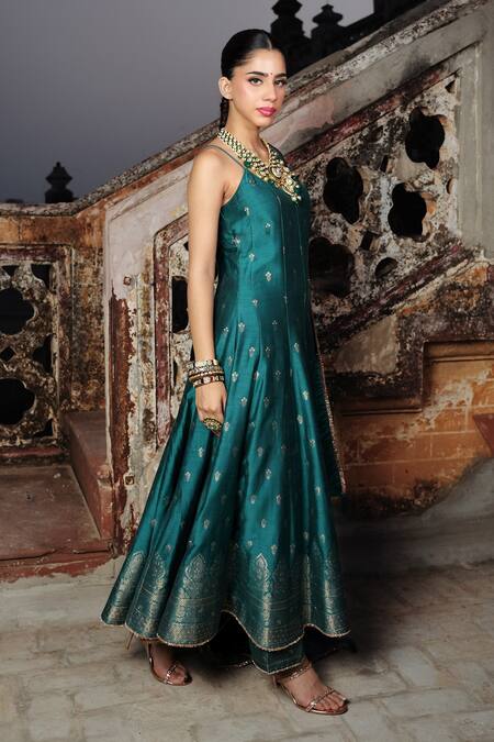 Safaa Turquoise Silk Zari, Embroidery Scoop Neck Vegan Floral Woven Anarkali Set at Aza Fashions Safaa_Turquoise Silk Zari, Embroidery Scoop Neck Vegan Floral Woven Anarkali Set _at_Aza_Fashions