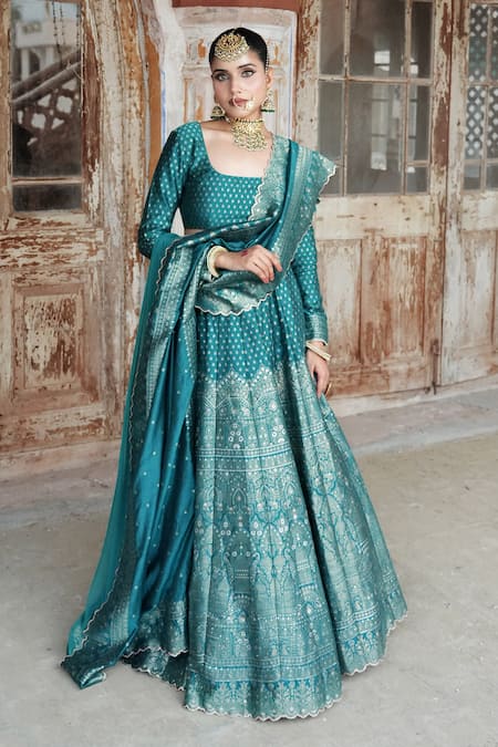 Safaa Blue Vegan Silk Woven Floral Buttis Square Mirea Peacock Lehenga Set 