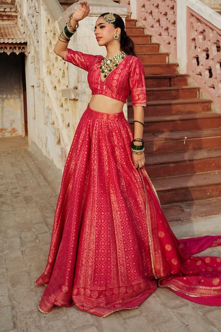 Buy_Safaa_Magenta Velvet Embroidery Plunge Neck Heera Floral Paisley Woven Lehenga Set _Online_at_Aza_Fashions