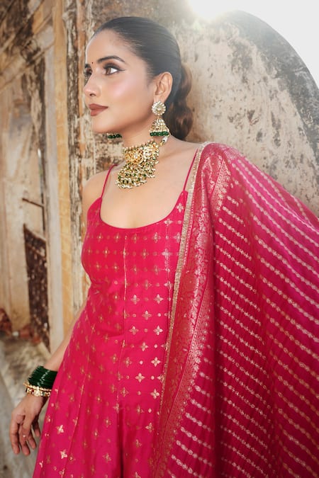 Buy Safaa Magenta Velvet Embroidery Scoop Floral Butti Woven Panelled Anarkali Pant Set Online at Aza Fashions Buy_Safaa_Magenta Velvet Embroidery Scoop Floral Butti Woven Panelled Anarkali Pant Set _Online_at_Aza_Fashions