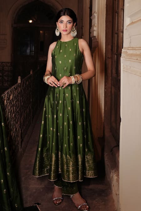 Shop Safaa Green Velvet Embroidery Round Neck Behnaaz Floral Jaal Woven Anarkali Pant Set Online at Aza Fashions Shop_Safaa_Green Velvet Embroidery Round Neck Behnaaz Floral Jaal Woven Anarkali Pant Set _Online_at_Aza_Fashions