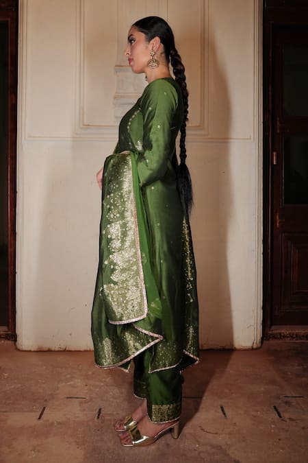 Shop_Safaa_Green Silk, Velvet Embroidery, Lace Split Raha Floral Vine Woven Kurta Pant Set _Online_at_Aza_Fashions