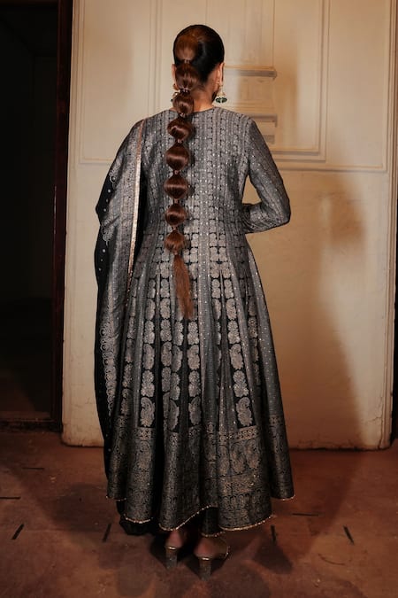 Safaa Shezan Floral Stripe Woven Anarkali Pant Set 