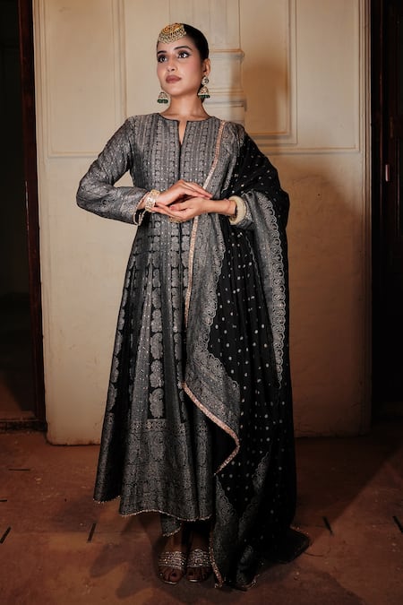 Buy Safaa Black Velvet, Viscose Embroidery Shezan Floral Stripe Woven Anarkali Pant Set Online at Aza Fashions Buy_Safaa_Black Velvet, Viscose Embroidery Shezan Floral Stripe Woven Anarkali Pant Set _Online_at_Aza_Fashions