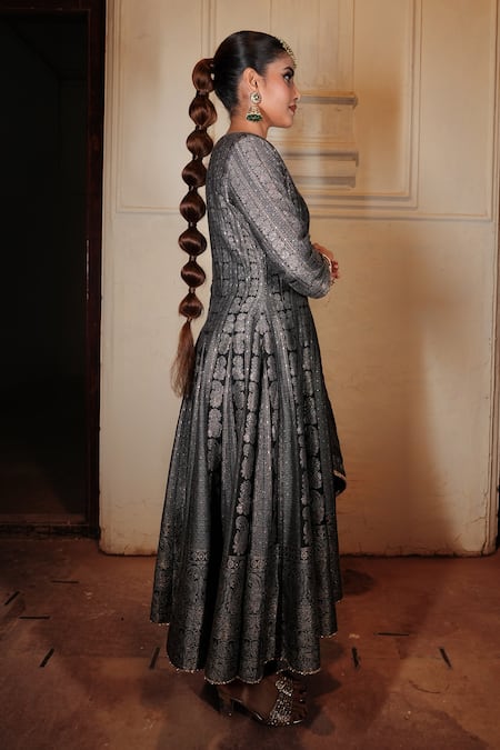 Shop Safaa Black Velvet, Viscose Embroidery Shezan Floral Stripe Woven Anarkali Pant Set Online at Aza Fashions Shop_Safaa_Black Velvet, Viscose Embroidery Shezan Floral Stripe Woven Anarkali Pant Set _Online_at_Aza_Fashions