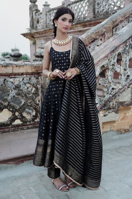 Buy_Safaa_Black Velvet Embroidery, Lace Scoop Floral Butti Woven Strappy Anarkali Pant Set _Online_at_Aza_Fashions