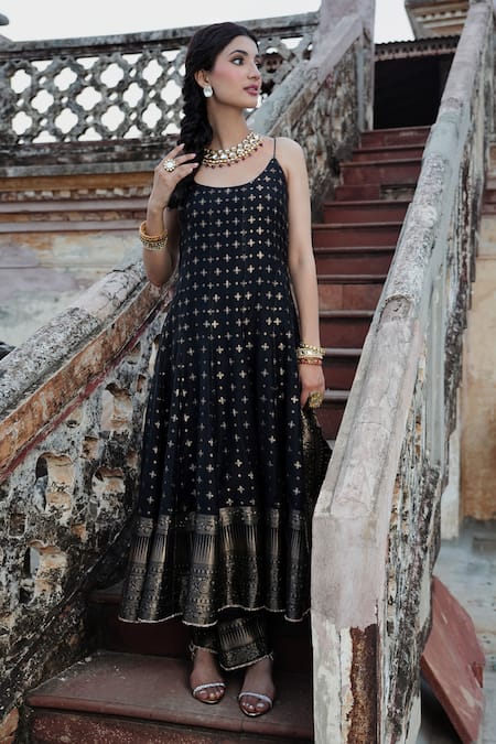 Shop_Safaa_Black Velvet Embroidery, Lace Scoop Floral Butti Woven Strappy Anarkali Pant Set _Online_at_Aza_Fashions