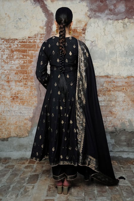 Safaa_Black Velvet, Velour Embroidery, Zari Zahia Botanic Woven Anarkali Pant Set _Online_at_Aza_Fashions