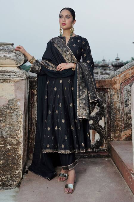 Shop_Safaa_Black Velvet, Velour Embroidery, Zari Zahia Botanic Woven Anarkali Pant Set _Online_at_Aza_Fashions