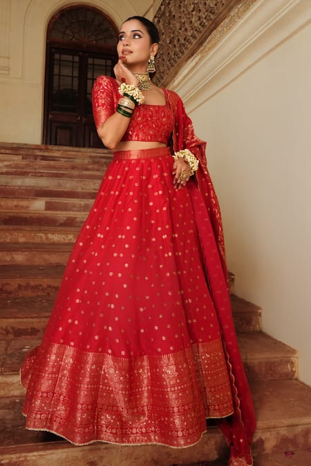 Shop_Safaa_Red Velvet, Silk Embroidery Square Minara Geometric Butti Bridal Lehenga Set _Online_at_Aza_Fashions