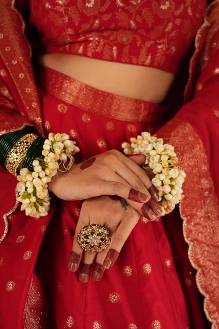 Shop_Safaa_Red Velvet, Silk Embroidery Square Minara Geometric Butti Bridal Lehenga Set 