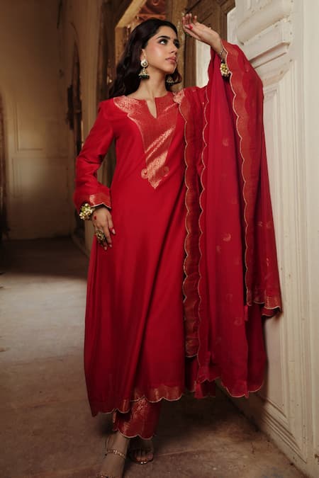 Buy Safaa Red Silk, Velvet Embroidery, Zari Round Naubahaa Woven A-line Kurta Pant Set Online at Aza Fashions Buy_Safaa_Red Silk, Velvet Embroidery, Zari Round Naubahaa Woven A-line Kurta Pant Set _Online_at_Aza_Fashions