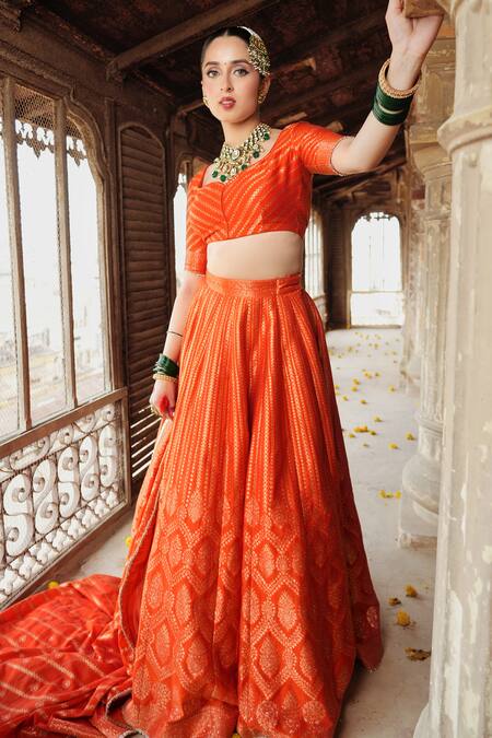 Buy_Safaa_Orange Velvet, Silk Embroidery, Lace Benazir Woven Jaali Pattern Lehenga Set _Online_at_Aza_Fashions