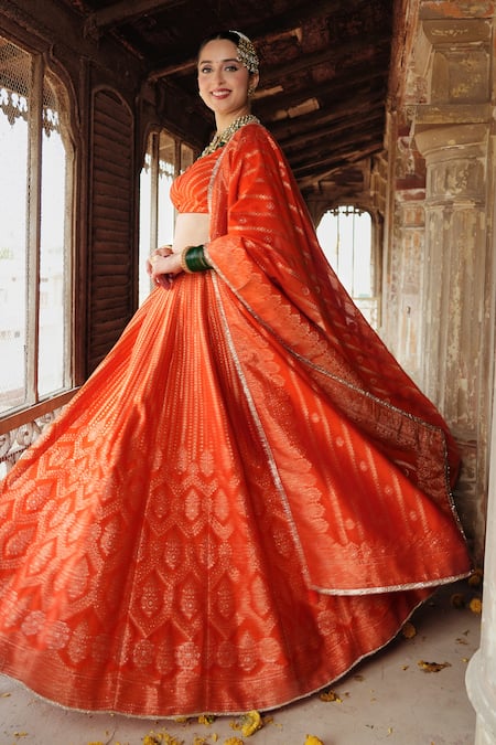 Shop_Safaa_Orange Velvet, Silk Embroidery, Lace Benazir Woven Jaali Pattern Lehenga Set _Online_at_Aza_Fashions