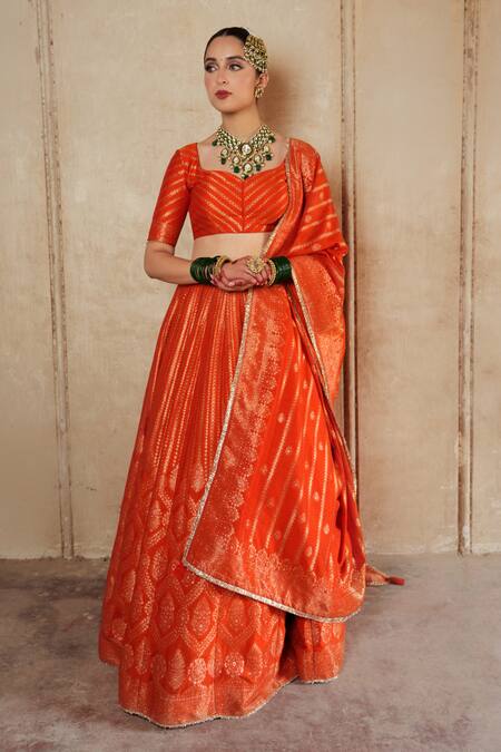 Safaa_Orange Velvet, Silk Embroidery, Lace Benazir Woven Jaali Pattern Lehenga Set _at_Aza_Fashions
