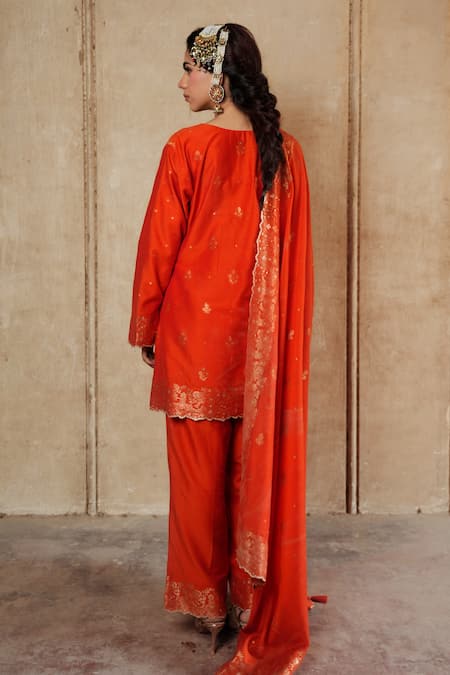 Safaa Orange Velvet, Silk Embroidery, Zari Mahenoor Floral Butti Woven Kurta Pant Set Online at Aza Fashions Safaa_Orange Velvet, Silk Embroidery, Zari Mahenoor Floral Butti Woven Kurta Pant Set _Online_at_Aza_Fashions