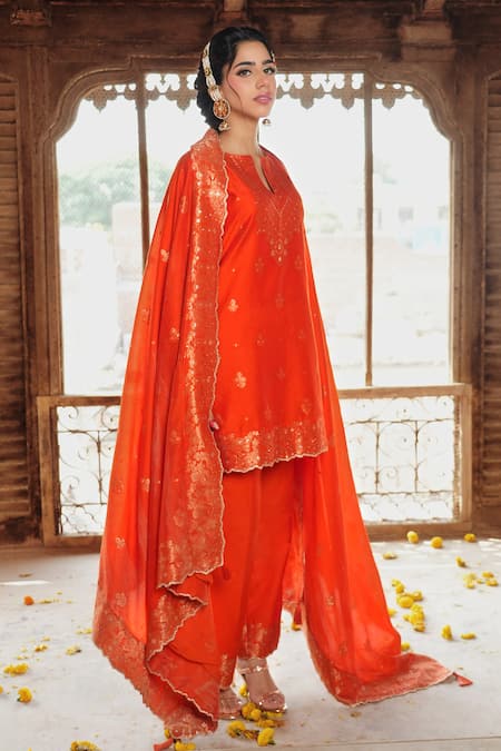 Shop Safaa Orange Velvet, Silk Embroidery, Zari Mahenoor Floral Butti Woven Kurta Pant Set Online at Aza Fashions Shop_Safaa_Orange Velvet, Silk Embroidery, Zari Mahenoor Floral Butti Woven Kurta Pant Set _Online_at_Aza_Fashions