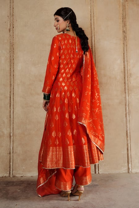 Safaa Orange Velvet Embroidery, Lace Meral Floral Cluster Woven Anarkali Pant Set Online at Aza Fashions Safaa_Orange Velvet Embroidery, Lace Meral Floral Cluster Woven Anarkali Pant Set _Online_at_Aza_Fashions