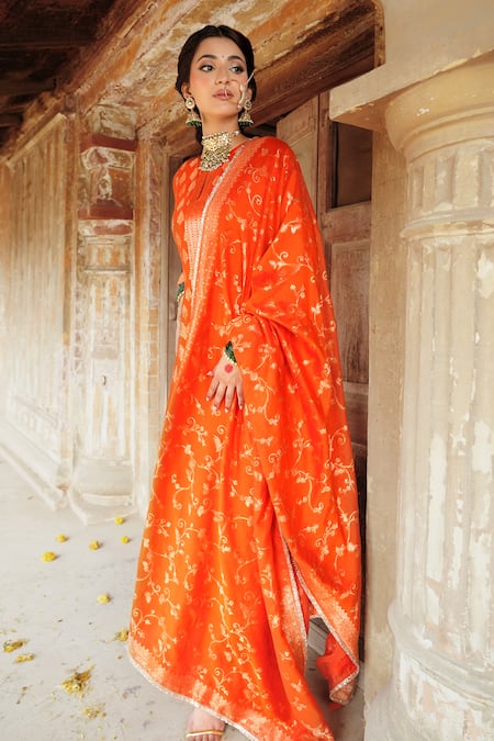 Shop Safaa Orange Velvet Embroidery, Lace Meral Floral Cluster Woven Anarkali Pant Set Online at Aza Fashions Shop_Safaa_Orange Velvet Embroidery, Lace Meral Floral Cluster Woven Anarkali Pant Set _Online_at_Aza_Fashions