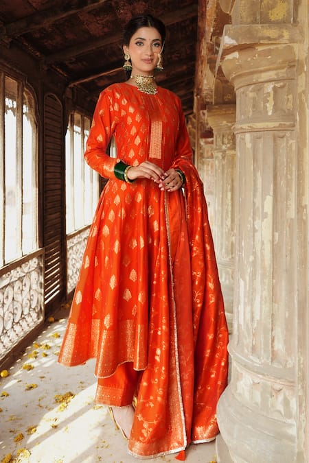 Safaa Orange Velvet Embroidery, Lace Meral Floral Cluster Woven Anarkali Pant Set at Aza Fashions Safaa_Orange Velvet Embroidery, Lace Meral Floral Cluster Woven Anarkali Pant Set _at_Aza_Fashions