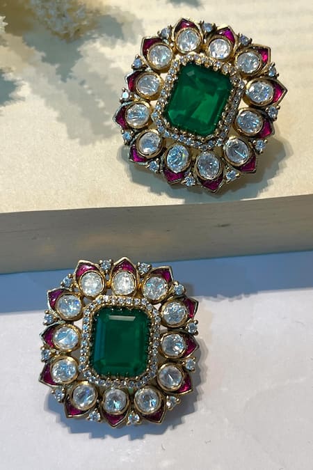 Shop Prestones Green Stones, Diamonds Floral Kundan Studded Earrings at Aza Fashions Shop_Prestones_Green Stones, Diamonds Floral Kundan Studded Earrings _at_Aza_Fashions