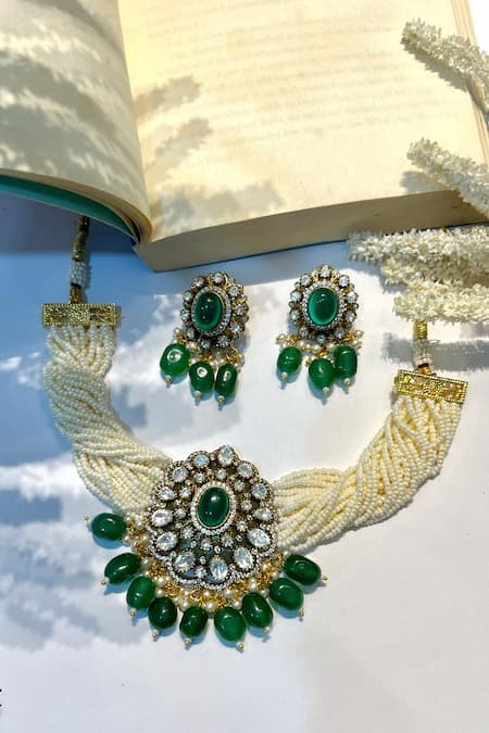 Shop Prestones Green Pearls, Stones Embellished Braid Choker Set at Aza Fashions Shop_Prestones_Green Pearls, Stones Embellished Braid Choker Set _at_Aza_Fashions