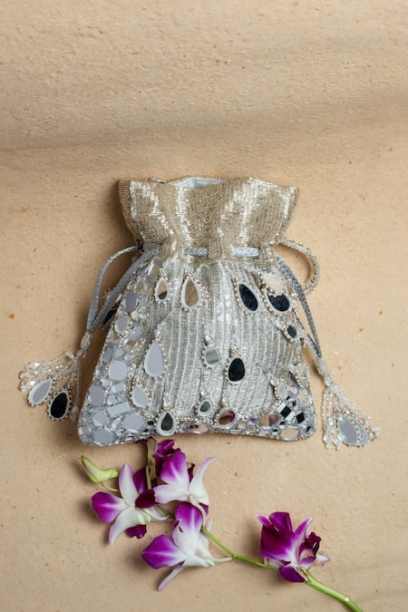 Shop Nayaab By Sonia Silver Mirrors, Beads, Tassels Aaina Aynali Sheesha Embroidered Potli Bag at Aza Fashions Shop_Nayaab By Sonia_Silver Mirrors, Beads, Tassels Aaina Aynali Sheesha Embroidered Potli Bag _at_Aza_Fashions