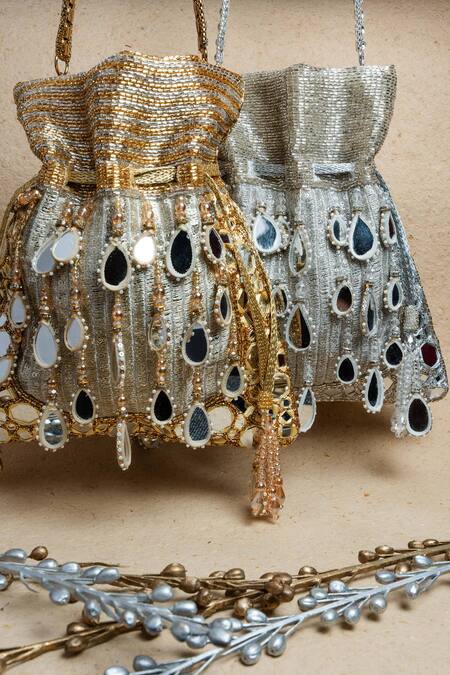 Shop Nayaab By Sonia Silver Mirrors, Beads, Tassels Aaina Aynali Sheesha Embroidered Potli Bag Online at Aza Fashions Shop_Nayaab By Sonia_Silver Mirrors, Beads, Tassels Aaina Aynali Sheesha Embroidered Potli Bag _Online_at_Aza_Fashions