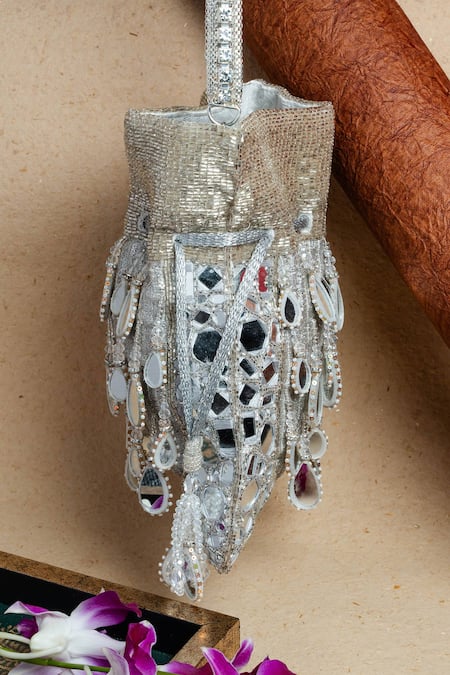 Nayaab By Sonia Silver Mirrors, Beads, Tassels Aaina Aynali Sheesha Embroidered Potli Bag at Aza Fashions Nayaab By Sonia_Silver Mirrors, Beads, Tassels Aaina Aynali Sheesha Embroidered Potli Bag _at_Aza_Fashions