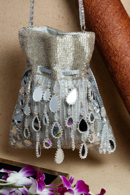 Buy Nayaab By Sonia Silver Mirrors, Beads, Tassels Aaina Aynali Sheesha Embroidered Potli Bag Buy_Nayaab By Sonia_Silver Mirrors, Beads, Tassels Aaina Aynali Sheesha Embroidered Potli Bag